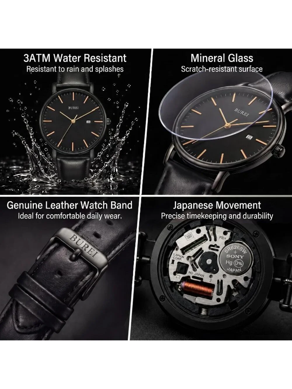 Men's Black Gold Ultra Thin Minimalist Analog Waterproof  Classic Wrist Watch